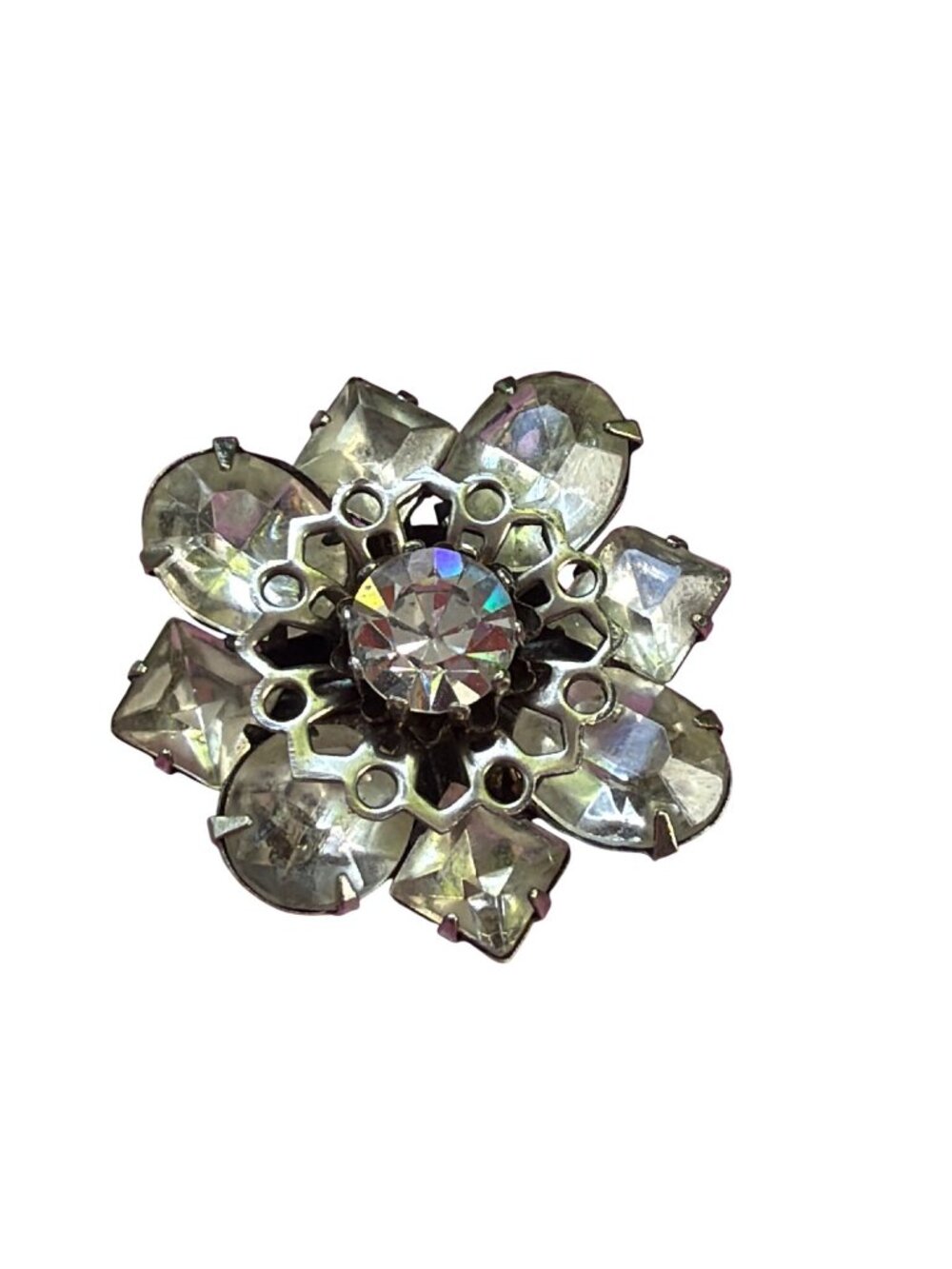 Vintage Aurora Borealis Crystal Rhinestone Flower Brooch Pin Silver Tone 1"